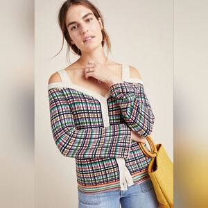 Anthropologie Multicolor Plaid Knit Off-Shoulder Cardigan